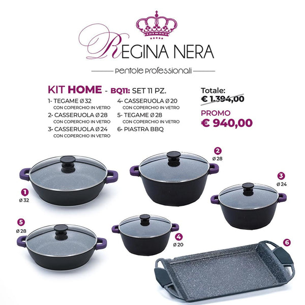 BQ11 - Set 11 pezzi pentole, tegami e piastra antiaderenti professionali Regina Nera